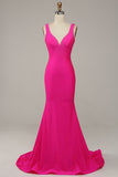 Fuchsia Mermaid V-Neck Beaded Ball Dress