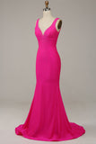 Fuchsia Mermaid V-Neck Beaded Ball Dress