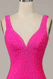 Fuchsia Mermaid V-Neck Beaded Ball Dress