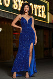 Royal Blue Mermaid Lace-Up Back Sequin Long Ball Dress with Slit
