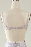Sheath V Neck Lilac Sequins Long Ball Dress with Split Front