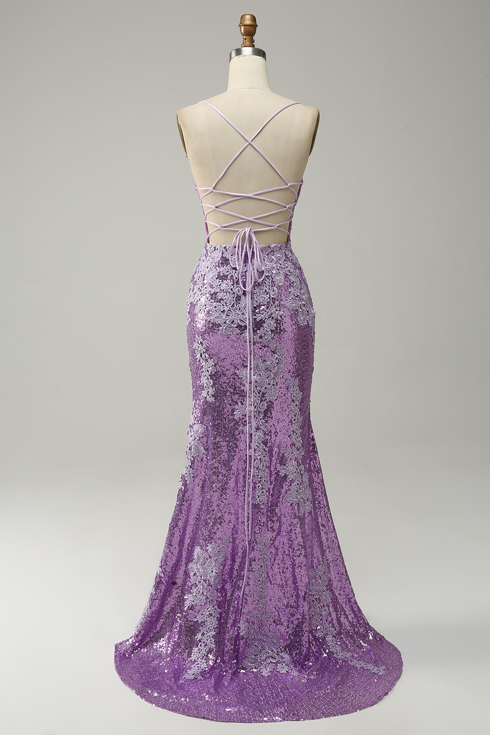 Mermaid Spaghetti Straps Purple Long Ball Dress with Appliques