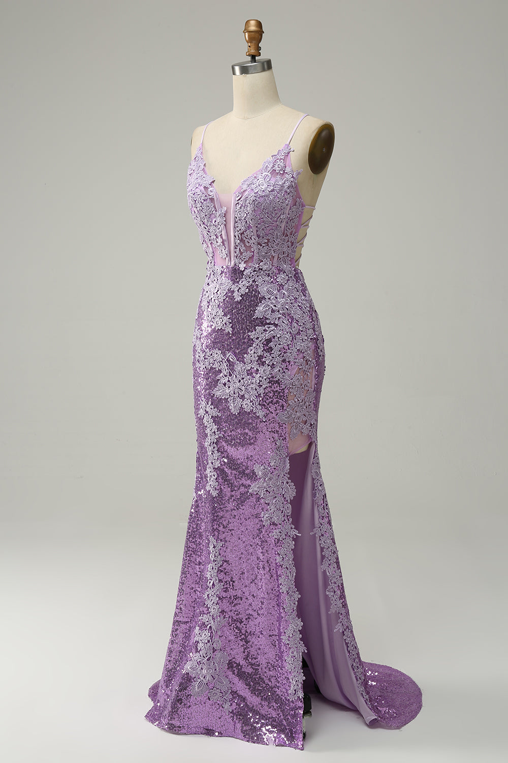 Mermaid Spaghetti Straps Purple Long Ball Dress with Appliques