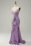 Mermaid Spaghetti Straps Purple Long Ball Dress with Appliques
