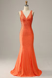 Mermaid V Neck Orange Long Ball Dress with Beading