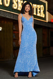 Sparkly Blue Spaghetti Straps Long Mermaid Ball Dress With Sequins