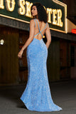 Sparkly Blue Spaghetti Straps Long Mermaid Ball Dress With Sequins