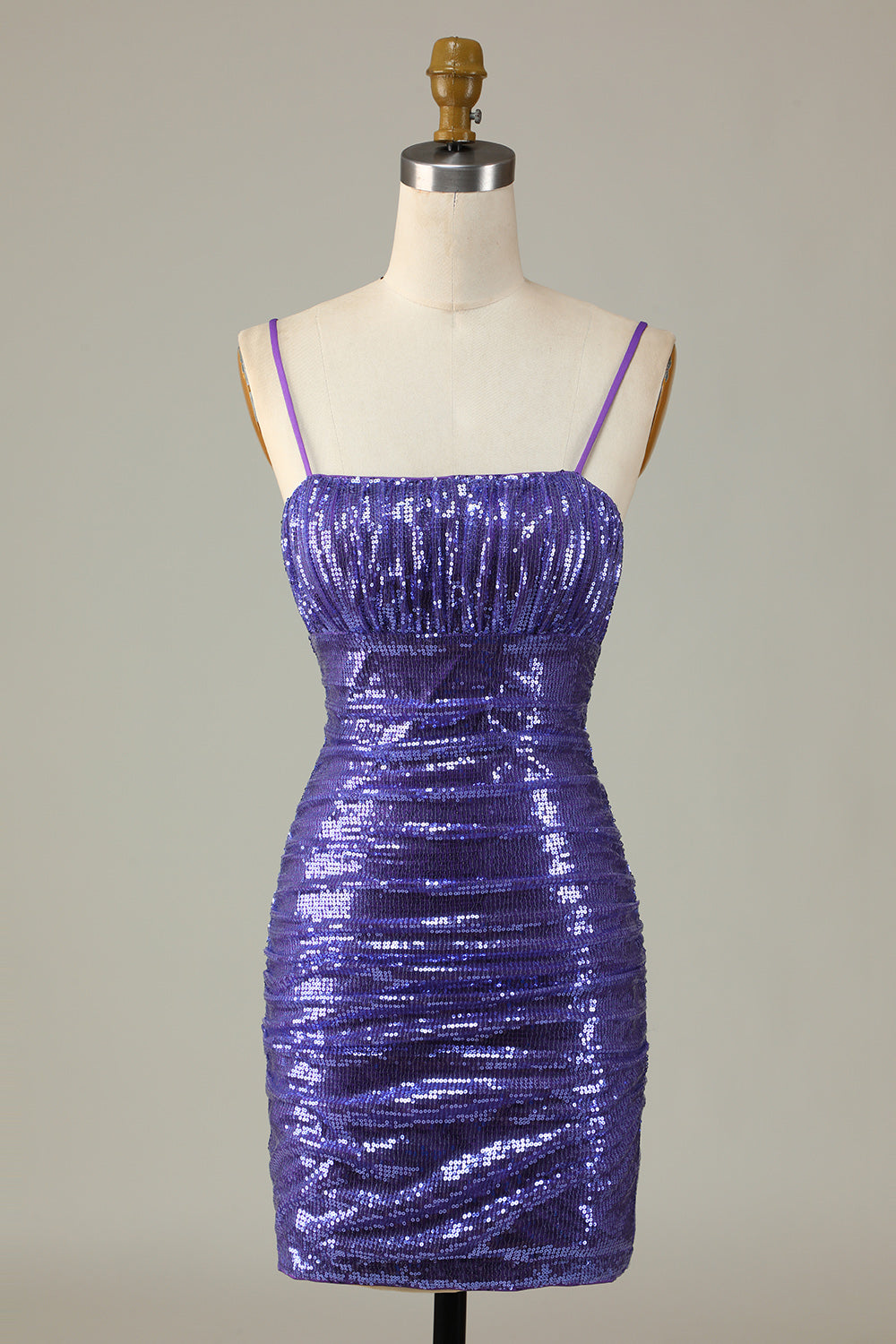 Sparkly Purple Sequins Spaghetti Straps Tight Short Ball Dress