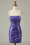 Sparkly Purple Sequins Spaghetti Straps Tight Short Ball Dress