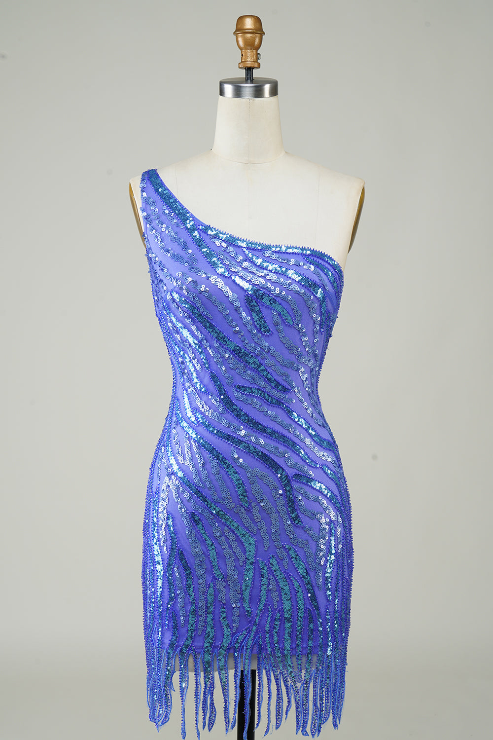Sheath One Shoulder Blue Sequins Short Cocktail Dress with Tassel