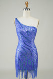 Sheath One Shoulder Blue Sequins Short Cocktail Dress with Tassel
