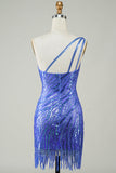 Sheath One Shoulder Blue Sequins Short Cocktail Dress with Tassel