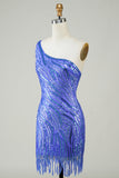 Sheath One Shoulder Blue Sequins Short Cocktail Dress with Tassel