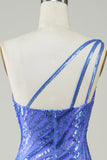 Sheath One Shoulder Blue Sequins Short Cocktail Dress with Tassel