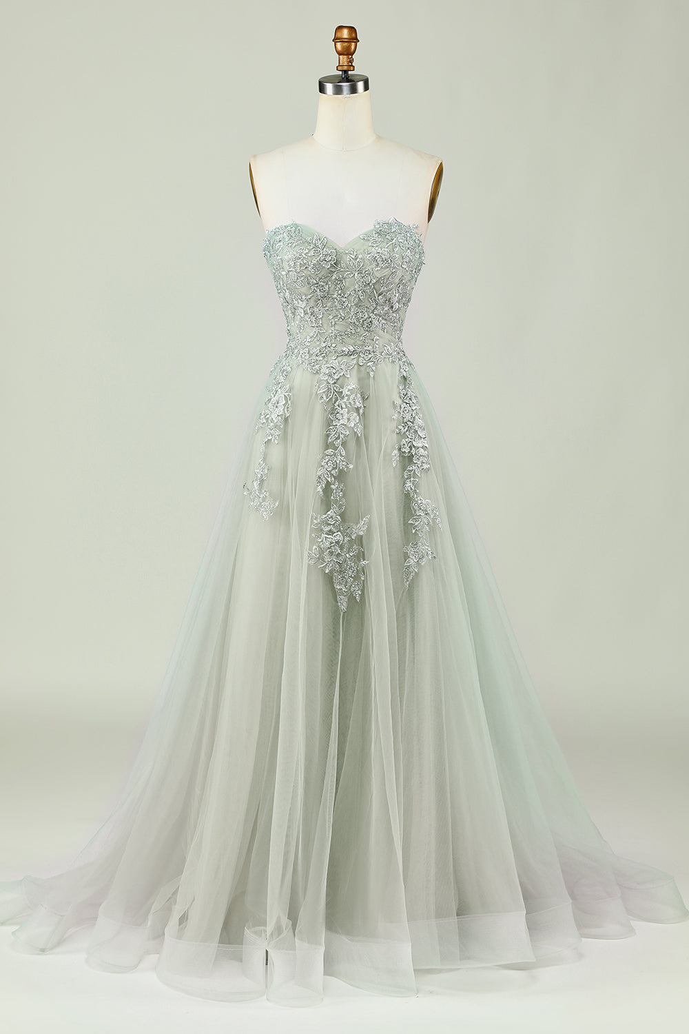 Sweetheart Beaded Light Green Long Ball Dress with Slit Front