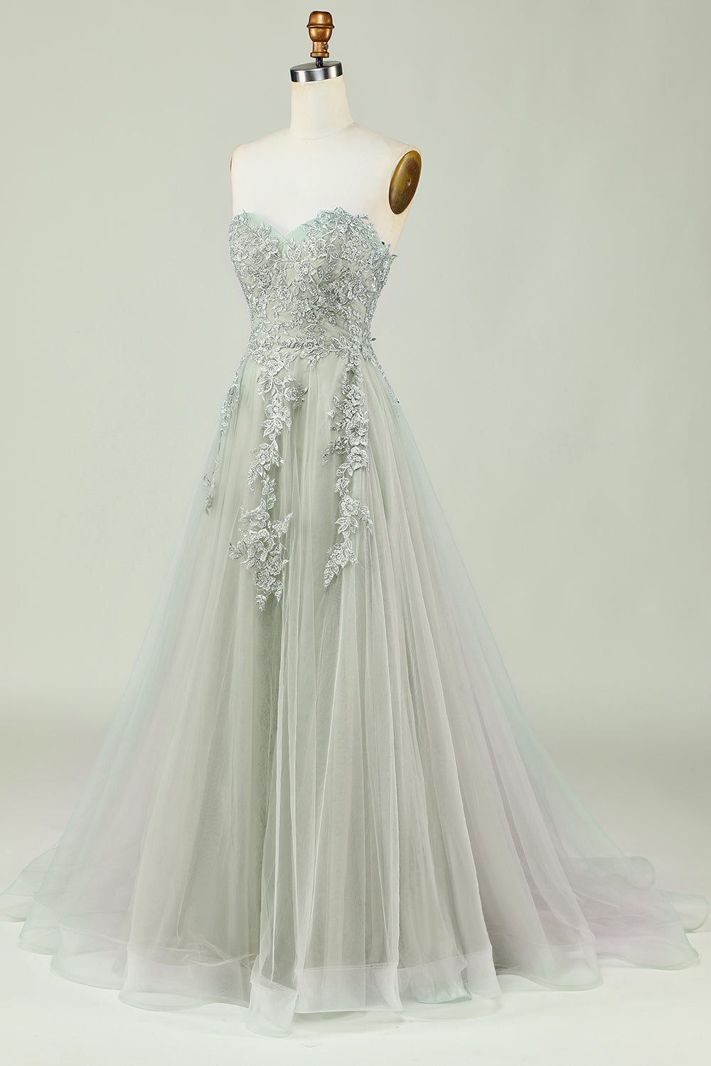 Sweetheart Beaded Light Green Long Ball Dress with Slit Front
