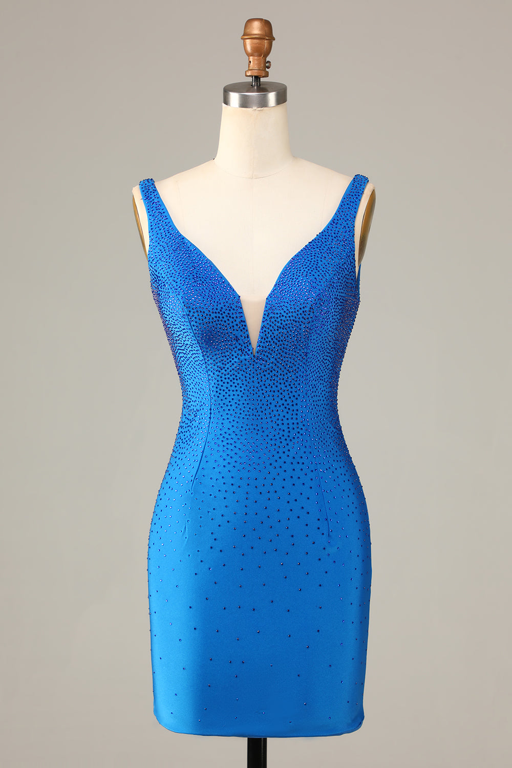 Sheath Deep V Neck Blue Short Cocktail Dress with Beading
