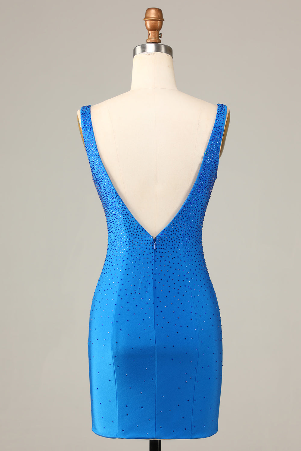 Sheath Deep V Neck Blue Short Cocktail Dress with Beading