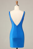 Sheath Deep V Neck Blue Short Cocktail Dress with Beading