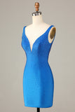 Sheath Deep V Neck Blue Short Cocktail Dress with Beading