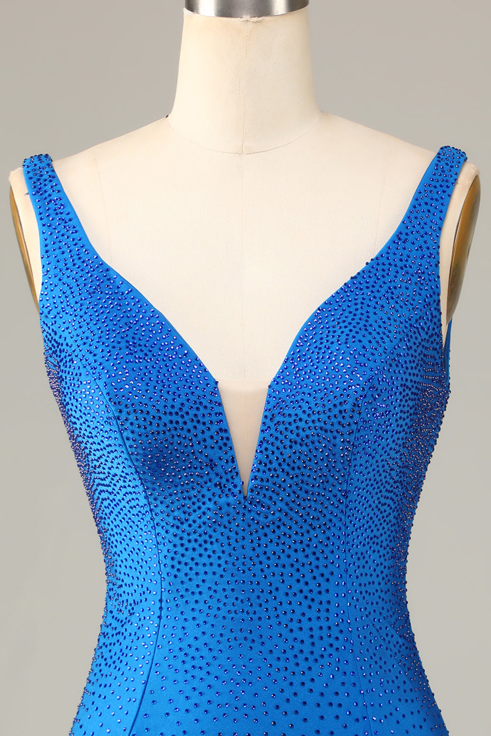 Sheath Deep V Neck Blue Short Cocktail Dress with Beading