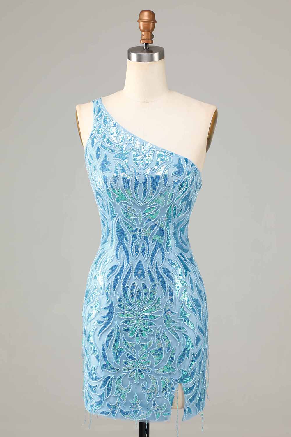 Blue Sheath One Shoulder Sequins Short Homecoming Dress with Tassel