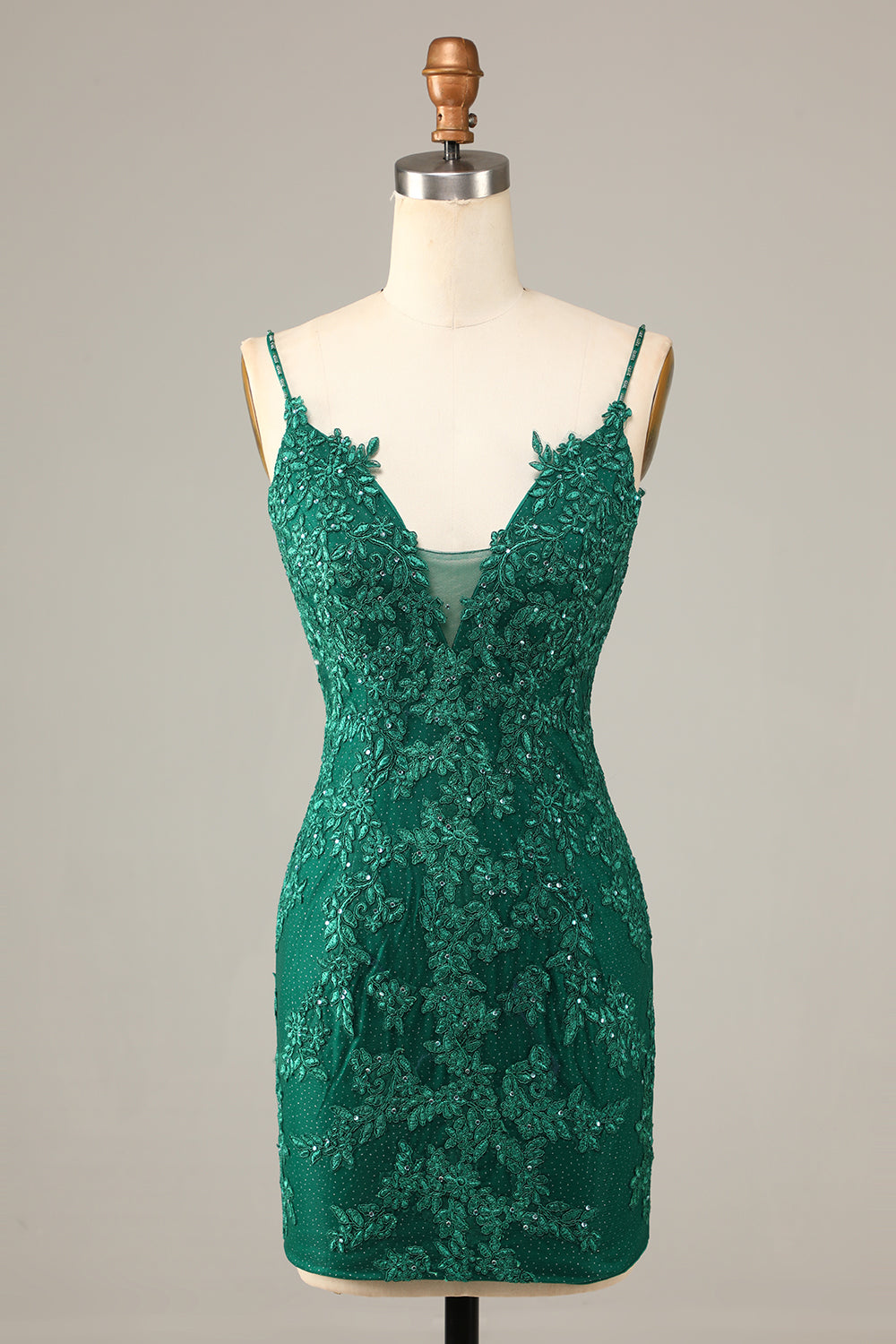 Dark Green Sheath Spaghetti Straps Short Homecoming Dress with Appliques