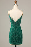 Dark Green Sheath Spaghetti Straps Short Homecoming Dress with Appliques