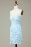 Sparkly Blue Sequins Beaded Flowers Tight Short Ball Dress