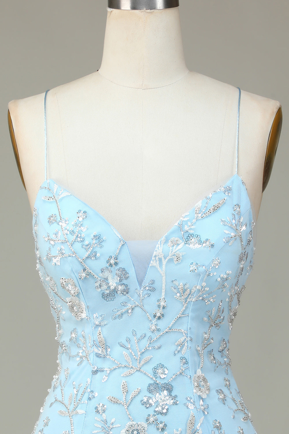 Sparkly Blue Sequins Beaded Flowers Tight Short Ball Dress