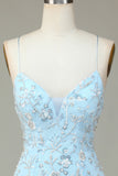 Sparkly Blue Sequins Beaded Flowers Tight Short Ball Dress
