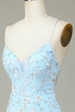 Sparkly Blue Sequins Beaded Flowers Tight Short Ball Dress