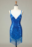Blue Sparkly Bodycon Spaghetti Straps Sequins Short Homecoming Dress with Tassel