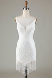 Sparkly Bodycon Spaghetti Straps White Sequin Short Ball Dress