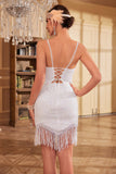 Bodycon Spaghetti Straps White Sequins 1920s Dress with Tassel