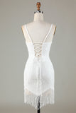 Sparkly Bodycon Spaghetti Straps White Sequin Short Ball Dress