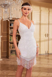 Bodycon Spaghetti Straps White Sequins 1920s Dress with Tassel