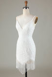 Sparkly Bodycon Spaghetti Straps White Sequin Short Ball Dress