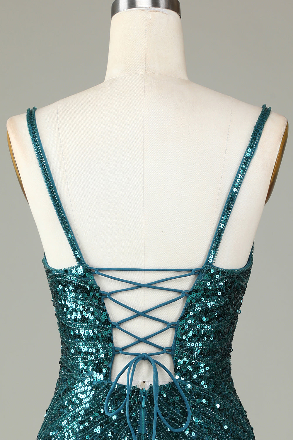Sparkly Bodycon Spaghetti Straps Green Lace-Up Back Short Ball Dress with Beading