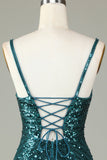 Sparkly Bodycon Spaghetti Straps Blue Lace-Up Back Short Ball Dress with Sequins