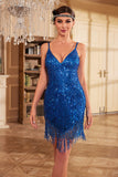 Bodycon Spaghetti Straps White Sequins 1920s Dress with Tassel