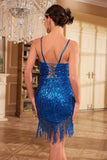 Bodycon Spaghetti Straps White Sequins 1920s Dress with Tassel