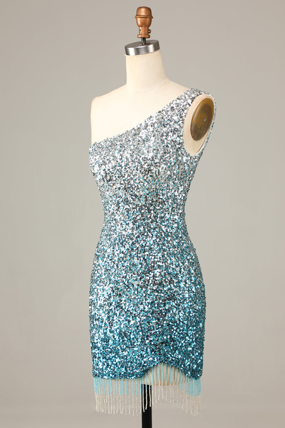 Blue Sequins Sparkly Bodycon One Shoulder Short Cocktail Dress with Tassel