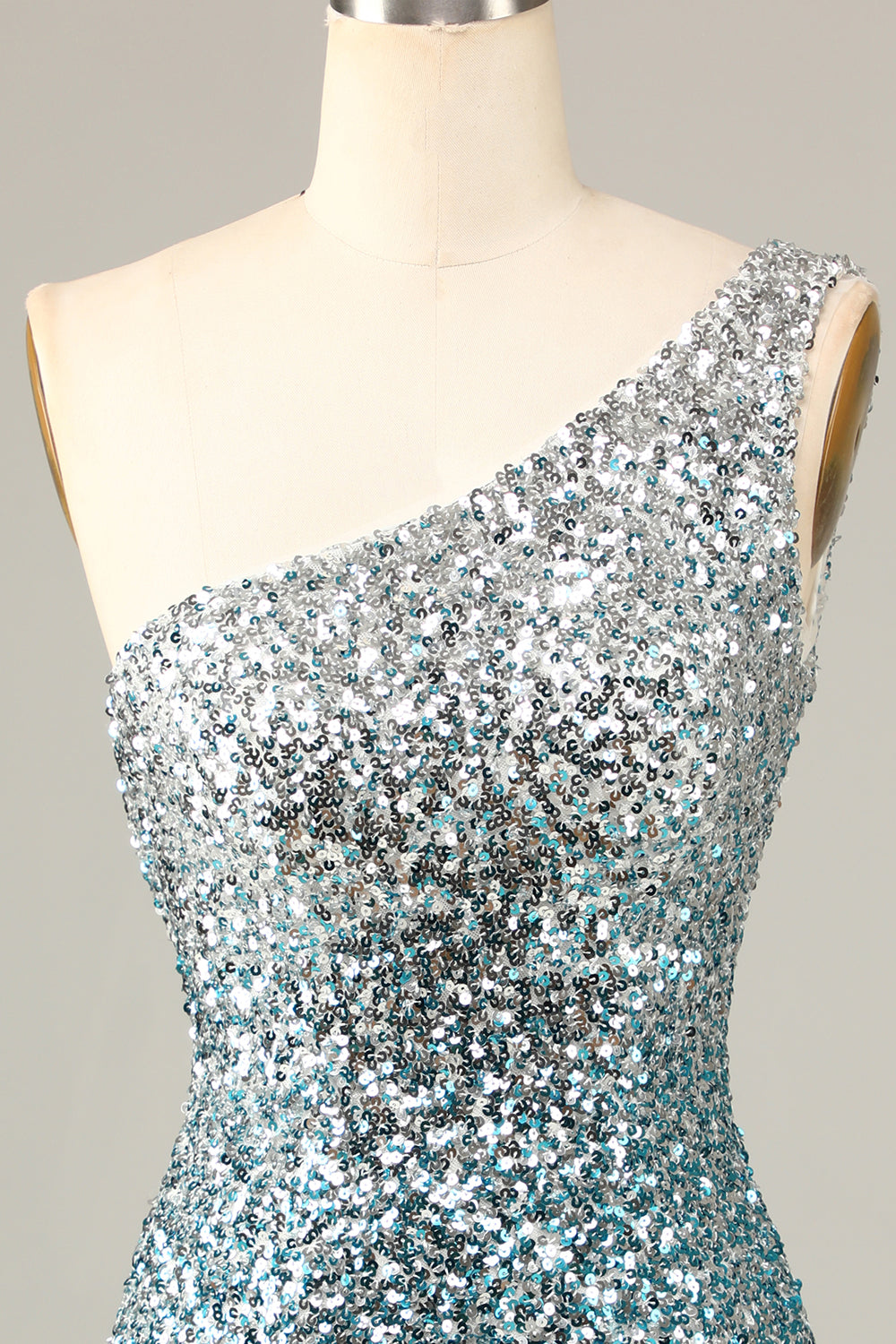Blue Sequins Sparkly Bodycon One Shoulder Short Cocktail Dress with Tassel