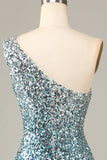 Blue Sequins Sparkly Bodycon One Shoulder Short Cocktail Dress with Tassel