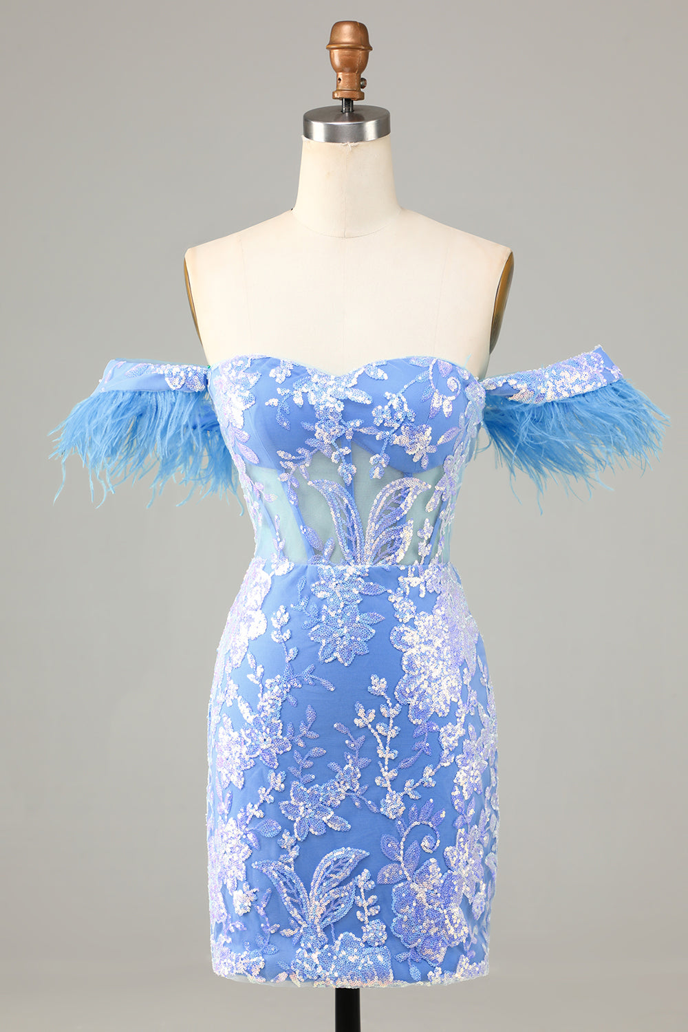 Blue Gorgeous Sheath Off the Shoulder Short Cocktail Dress with Feather
