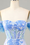 Blue Gorgeous Sheath Off the Shoulder Short Cocktail Dress with Feather