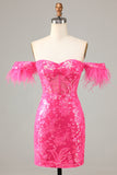 Blue Gorgeous Sheath Off the Shoulder Short Cocktail Dress with Feather