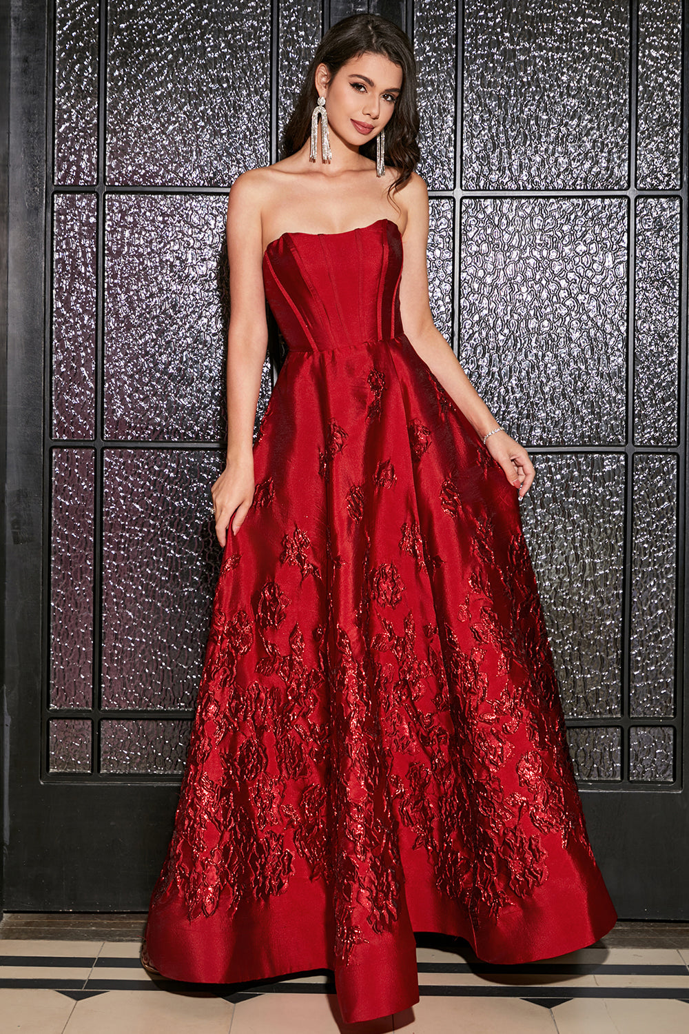 Elegant Princess A-Line Strapless Dark Red Long Ball Dress