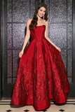 Elegant Princess A-Line Strapless Dark Red Long Ball Dress